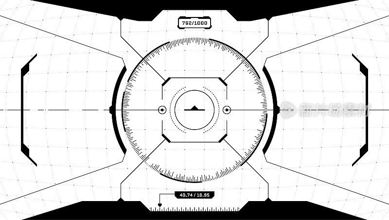 VR HUD数字未来界面赛博朋克屏幕。科幻虚拟技术抬头显示圆目标。GUI界面黑白飞船座舱仪表盘面板。优质黄麻取景器遮阳板。向量